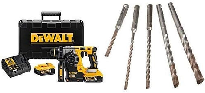 DEWALT DCH273P2 20V Max Brushless SDS Rotary Hammer with 5 Ah Batteries with DEWALT DW5470 5-Piece Rock Carbide SDS Plus Hammer Bit Set