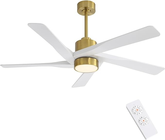 WINGBO 64" ABS DC Ceiling Fan with Lights, 5 Blade ABS Plastic Ceiling Fan with Remote, 6-Speed Reversible DC Motor, LED Ceiling Fan for Kitchen Bedroom Living Room, Brass and White