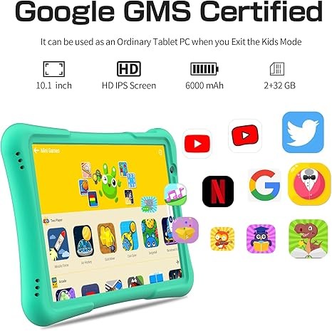 PRITOM 10 inch Kids Tablet Android 12 Tabletas 32GB, Quad-Core, 6000mAh, Large HD IPS Display, WiFi 6, Dual Camera, Bluetooth, Toddler Tablet for Kids Age 3+, Green