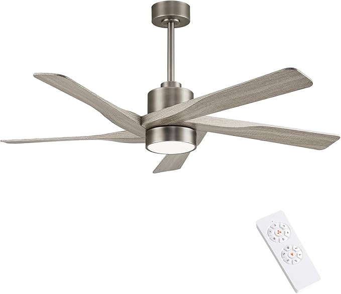 WINGBO 54" ABS DC Ceiling Fan with Lights, 5 Blade ABS Wood Grain Ceiling Fan with Remote, 6-Speed Reversible DC Motor, LED Ceiling Fan for Kitchen Bedroom Living Room, Antique Nickel and Grey