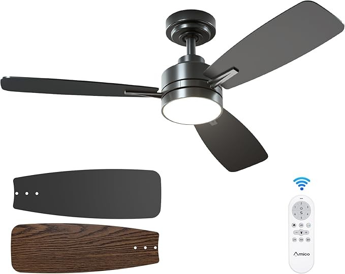 Amico Ceiling Fans with Lights, 44 inch Black Ceiling fan with Light and Remote Control, Reversible, 3CCT, Dimmable, Noiseless, Small Ceiling Fan for Bedroom, Farmhouse, Indoor/Outdoor Use