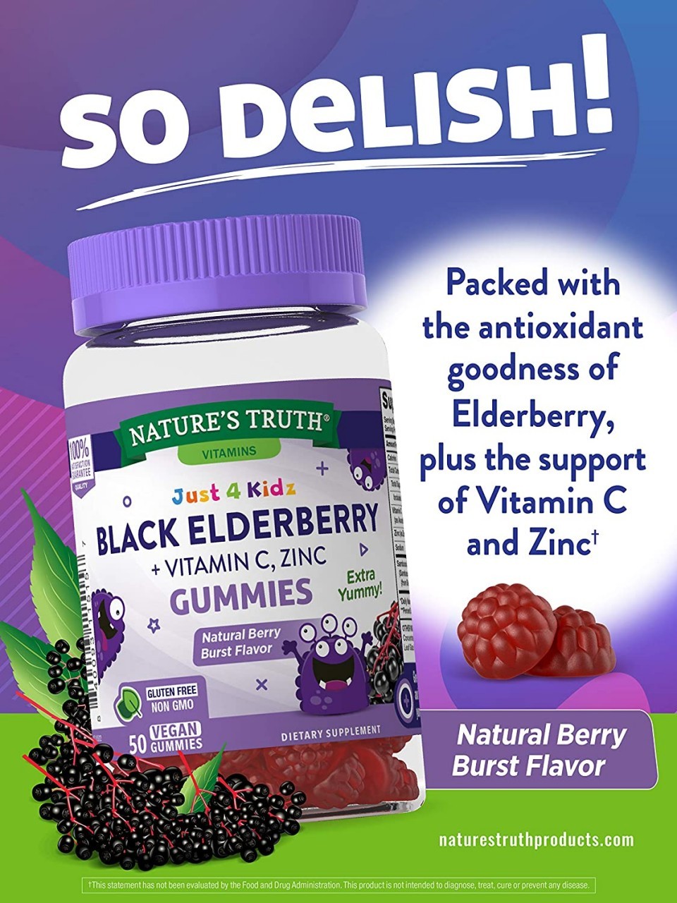 Nature's Truth Elderberry + Vitamin C Zinc Gummies - Natural Berry, 50 Count