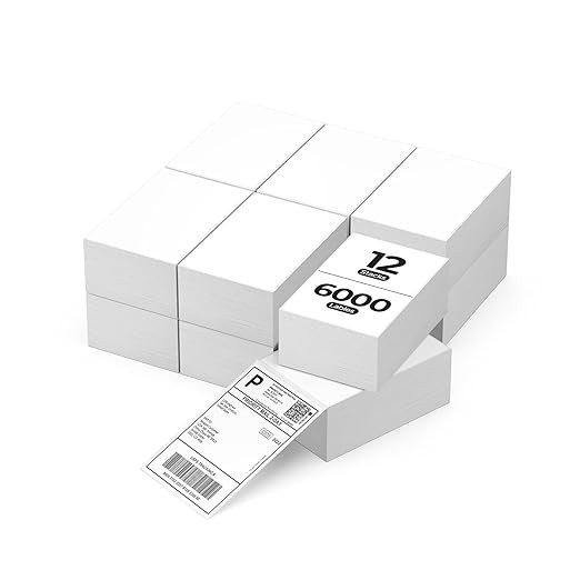 MUNBYN 4x6 Inch Direct Thermal Labels, 6000 Labels/12 Stacks(500 Pcs per Stack), Fanfold Shipping Label Paper for Thermal Printers, Permanent Adhesive Mailing Postage Labels for Shipping Packages