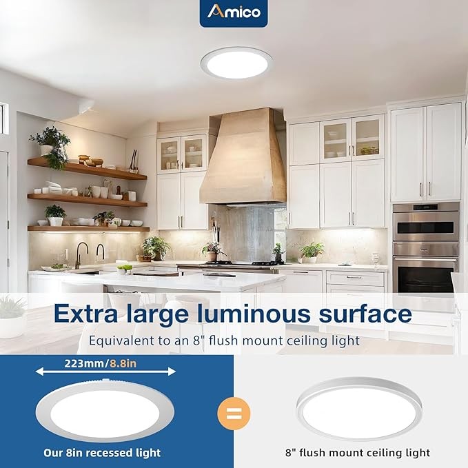 Amico 12 Pack 8 Inch 5CCT Ultra-Thin LED Recessed Ceiling Light with Junction Box, 2700K/3000K/3500K/4000K/5000K Selectable, 18W Eqv 125W, Dimmable Canless Wafer Downlight, 1600LM High Brightness -ETL