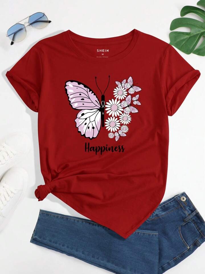 EZwear Butterfly And Floral Print Tee