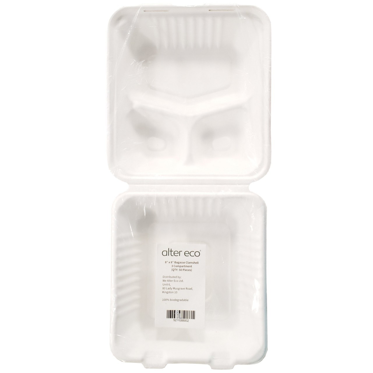 ALTER ECO BAGASSE CLAMSHELL 3 COMP 50ct