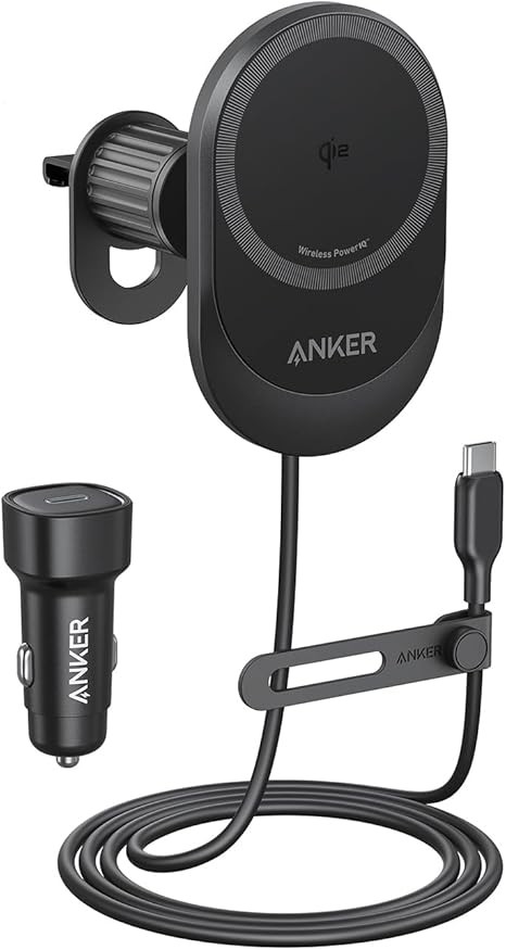 Anker MagGo 15W MagSafe Car Mount, Mobile Phone Holder Car with Charging Function, 360° Adjustable Angle and Strong Magnets, Wireless Car Charger for iPhone 16/15/14 Series (Includes Cable and