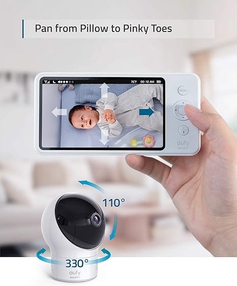 eufy Security Baby Monitor Spaceview E110 with Security Camera and 2-Way Audio, 720p HD Resolution, Night Vision, 5" Display, 110° Wide-Angle Lens Included, Lullaby Player, Sound Alert, Upgraded