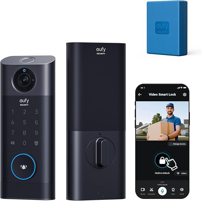 eufy Security S330 Video Smart Lock, 3-in-1 Camera+Doorbell+Fingerprint Keyless Entry Door Lock, + Rechargeable Battery