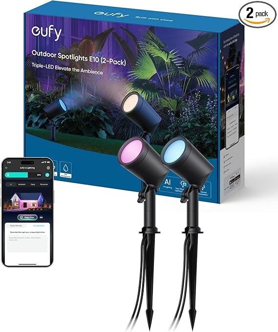 eufy Outdoor Spotlights E10, 2-Pack, Smart Wired RGBWW LED Landscape Lights, 500lm, IP65 Waterproof for Yard, Work with Alexa, App Control, Endless AI Light Themes for Festivals, Link with Cameras