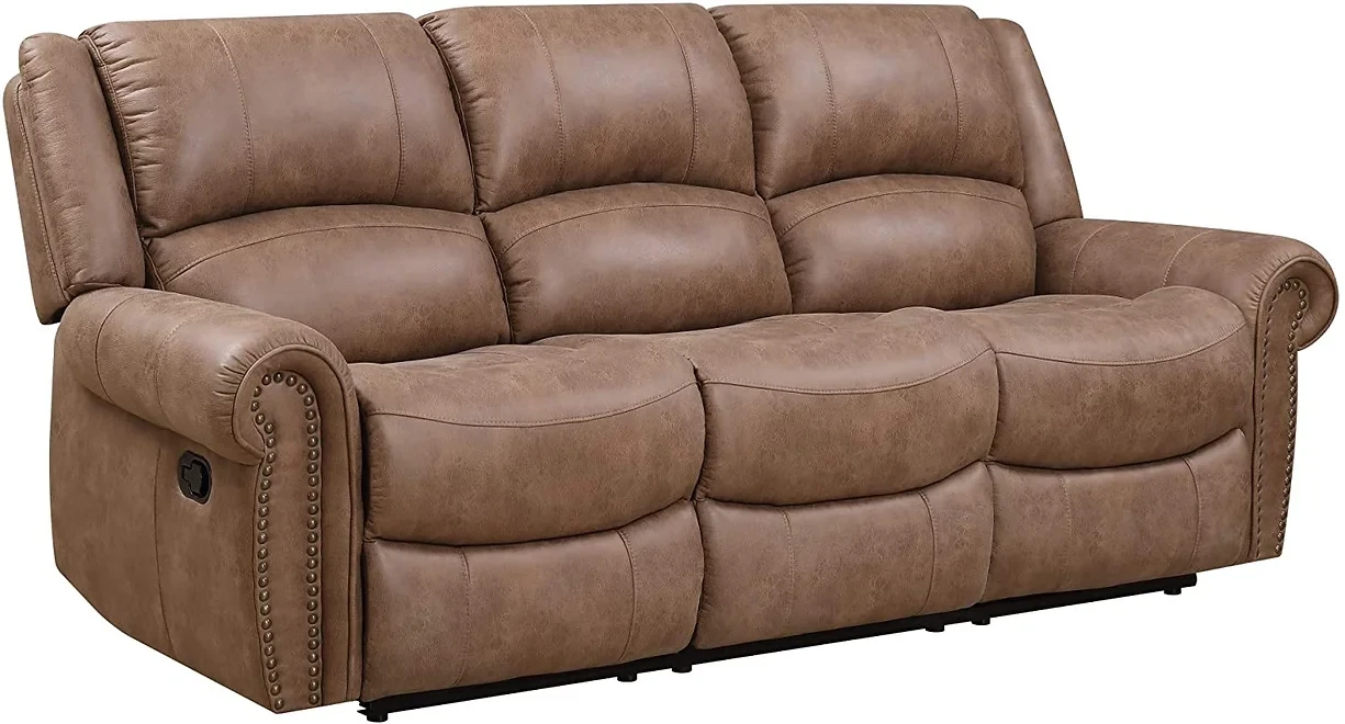 Madrona Burke Nova Brown 87" Sofa with Dual Recliners, Nailhead Trim, and Pillow