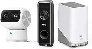 eufy Security Indoor Cam S350, Dual Cameras, 4K UHD Resolution Security Camera with 8× Zoom and 360° PTZ + eufy Security Video Doorbell S330 (Battery-Powered) add-on + HomeBase 3