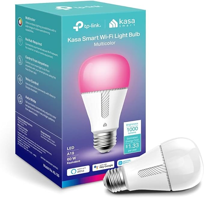 Kasa Smart Bulb, Dimmable Color Changing Light Bulb Work with Alexa and Google Home, 1000 Lumens 60W Equivalent, Amazon FFS, 2.4Ghz WiFi only, No Hub Required, 2-Year Warranty, 1-Pack (KL135)