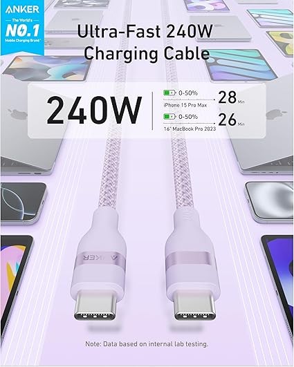 Anker Nano USB C Cable, 240W 6 ft Flexible Multi-Color Braided Cord, Fast Charging Type C Charger for iPhone 16/16 Pro/16 Plus/16 Pro Max, MacBook Pro, iPad Pro, Galaxy S23, and More