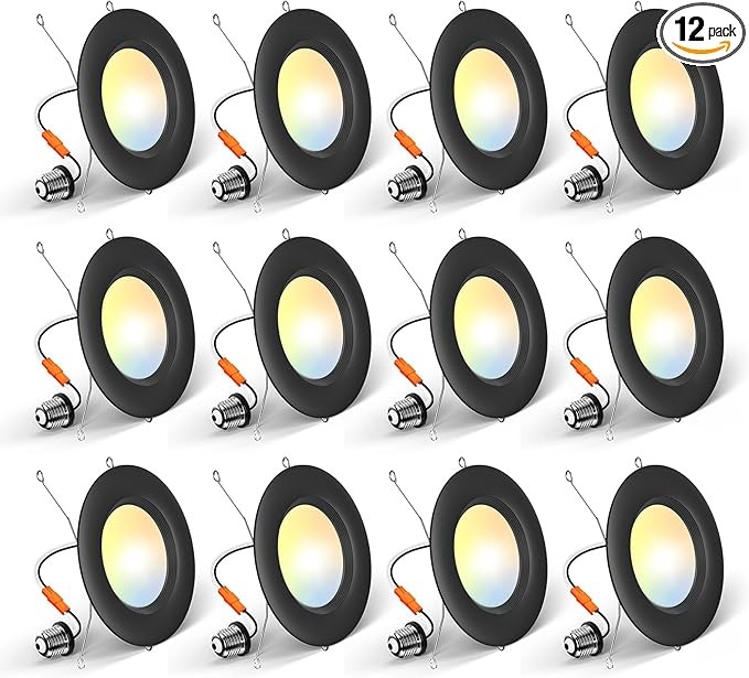 Amico 5/6 inch 5CCT LED Recessed Lighting 12 Pack, Dimmable, Damp Rated, 12.5W=100W, Can Lights with Baffle Trim, Retrofit Installation, ETL&FCC, Black