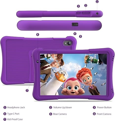 PRITOM 10 inch Kids Tablet Android 12 Tabletas 32GB, Quad-Core, 6000mAh, Large HD IPS Display, WiFi 6, Dual Camera, Bluetooth, Toddler Tablet for Kids Age 3+, Purple