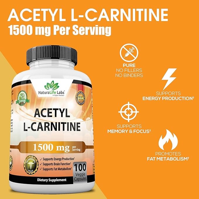 Acetyl L-Carnitine 1,500 mg High Potency Supports Energy Production, Sports Nutrition, Supports Memory/Focus - 100 Veggie Capsules