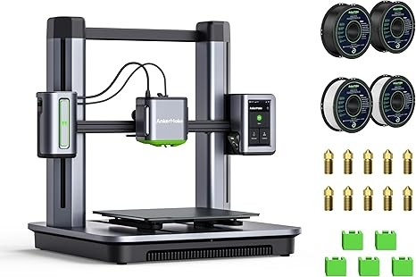 The AnkerMake M5 3D Printer Bundle Comes with 4kg of AnkerMake PLA+ Filament, Including a 2-Pack Each of Black and White, as Well as 5-Pack Silicone Cover, and a 10-Pack 0.4 Nozzle Kit