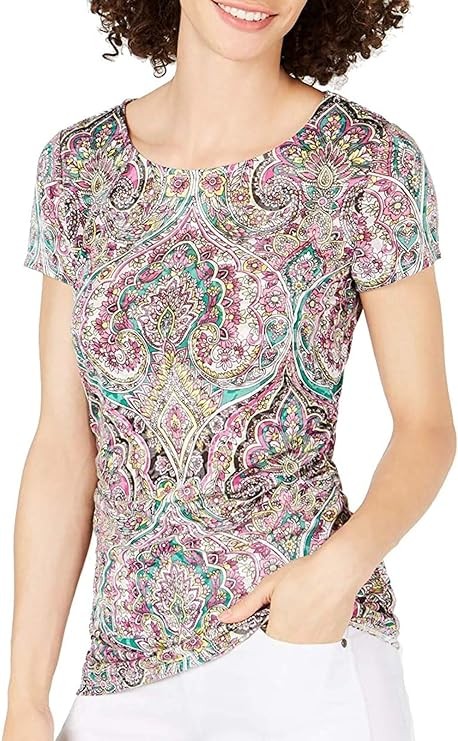 INC International Concepts Women's Floral Short Sleeve Jewel Neck Top