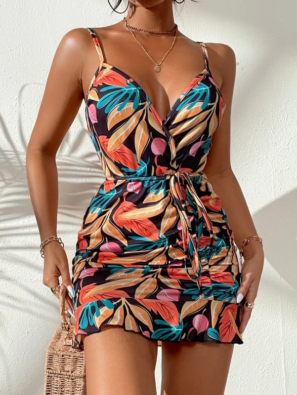 Tropical Print Belted Ruched Ruffle Hem Cami Dress