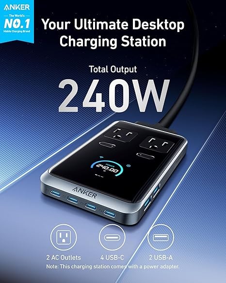 Anker Prime Charging Station, 240W 8-in-1 USB C Power Strip, 5 ft Detachable Extension Cord, 2 AC, 4 USB C, 2 USB A, for iPhone 15/14, Desktop Accessory for MacBook, Home, Office (Not for Travel)