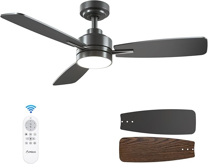 Amico Ceiling Fans with Lights, 44 inch Ceiling fan with Light and Remote Control, Reversible, 3CCT, Dimmable, Noiseless, Small Black Ceiling Fan for Bedroom, Indoor/Outdoor Use