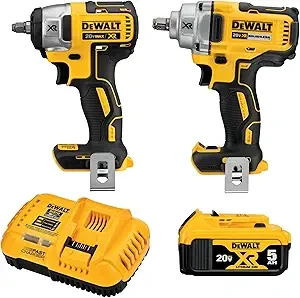 DEWALT 20V MAX Impact Wrench, Cordless 2-Tool Combo Kit, 1/2-Inch Mid-Range and 3/8-inch Compact with 5ah Battery and Charger (DCK205P1)