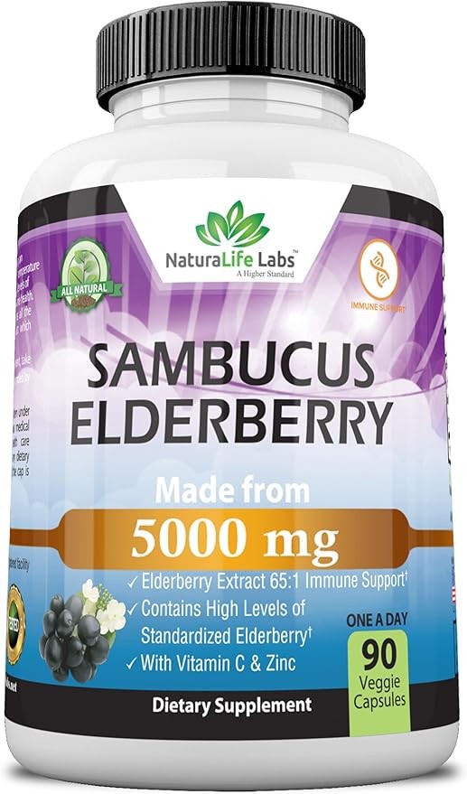 NaturaLife Labs Sambucus Elderberry 5,000 mg Super Concentrated 65:1 with Vitamin C & Zinc - 90 Day Supply - Sambucus Extract Immune Support, Immune Defense| Non-GMO | 90 Veggie Capsules