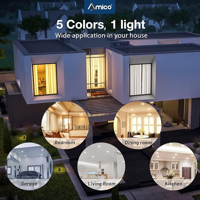 Amico 5/6 inch 5CCT LED Recessed Lighting 12 Pack, Dimmable, Damp Rated, 12.5W=100W, Can Lights with Baffle Trim, Retrofit Installation, ETL&FCC, Black