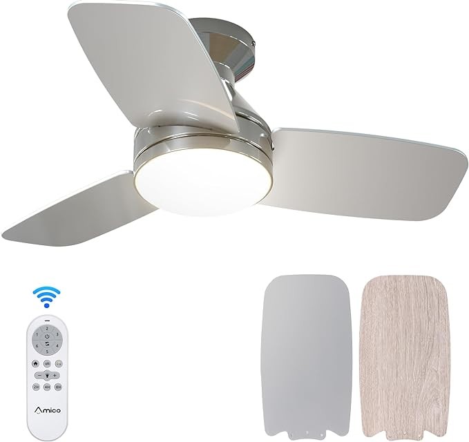 Amico Ceiling Fans with Lights, 42 inch Low Profile Ceiling fan with Light and Remote Control, Flush Mount, Reversible, 3CCT, Dimmable, Noiseless, Nickel Ceiling Fan for Bedroom, Indoor/Outdoor Use