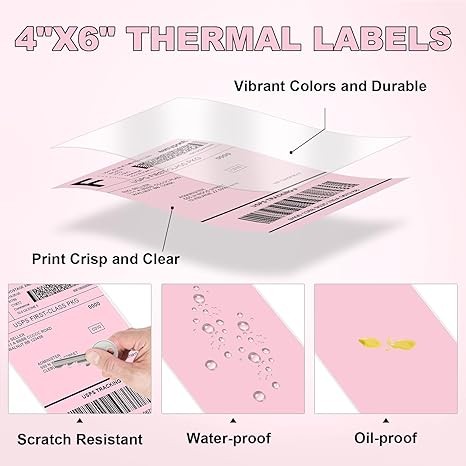 MaxGear 4" x 6" Direct Thermal Pink Labels, 500 Labels, Fanfold Shipping Package Labels, Perforated White Mailing Labels, Commercial Grade, Permanent Adhesive, Compatible with Most Thermal Printers