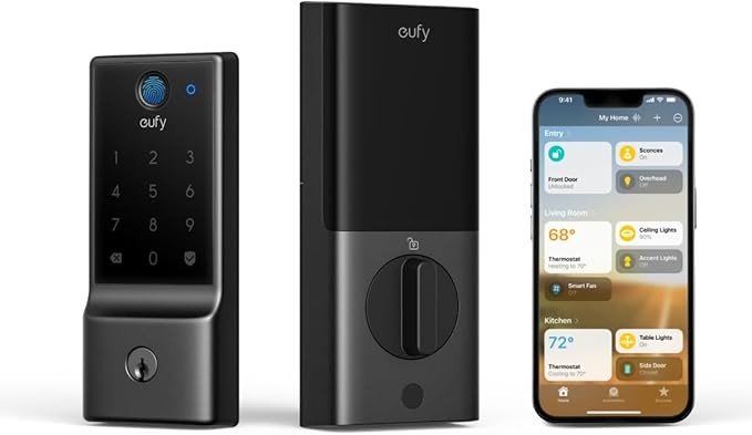 Roll over image to zoom in        2 VIDEOS eufy Smart Lock E30, Fingerprint Keyless Entry Door Lock with Apple Home Ecosystem, Built-in Wi-Fi Deadbolt, Smart Door Lock for Front Door or Back, Supports