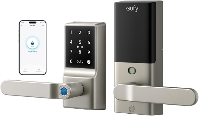 eufy Security Smart Lever Lock C33, Keyless Entry Door Lock, Smart Door Lock, Door Lock with Keypad, Fingerprint, Remote Control, Built-in Wi-Fi, 1-Year Battery, Nickle