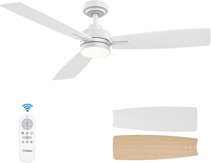 Amico Ceiling Fans with Lights, 52 inch Ceiling fan with Light and Remote Control, Reversible, 3CCT, Dimmable, Noiseless, White Ceiling Fan for Bedroom, Indoor/Outdoor Use