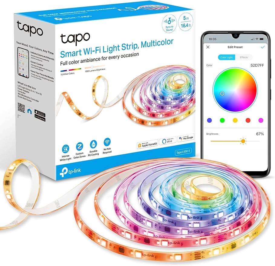 Tapo TP-Link RGBWIC Smart LED Light Strip 16.4Ft, 1000 Lumens, 16M Dimmable Colors, 50 Color Zones, Works w/Apple HomeKit/Alexa/Google Home, Sync-to-Sound, IP44 PU Coating, Trimmable L930-5