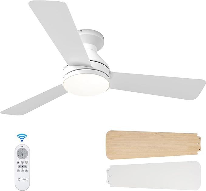 Amico Ceiling Fans with Lights, 52 inch Low Profile Ceiling fan with Light and Remote Control, Flush Mount, Reversible, 3CCT, Dimmable, Noiseless, White Ceiling Fan for Bedroom, Indoor/Outdoor Use