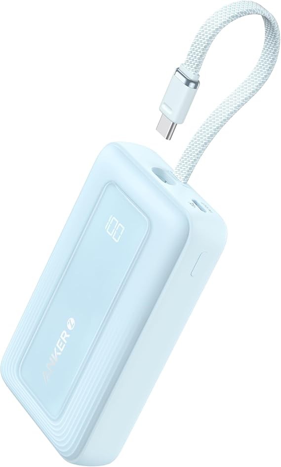 Anker Zolo Power Bank, 10,000mAh 30W Portable Charger with Built-in USB-C Cable for Travel, Fast Charging Battery Pack for iPhone 16/15 Series, MacBook, Galaxy, iPad, and More