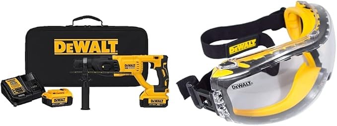 DEWALT 20V MAX XR Rotary Hammer Drill Kit, D-Handle, 1-Inch with w/Safety Goggle (DCH133M2 & DPG82-11C)