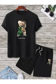 Kung Fu Bear Print, Men's Outfits, Casual T-shirt And Loose Drawstring Shorts Set For Summer, Men's Clothing - Temu New Zealand