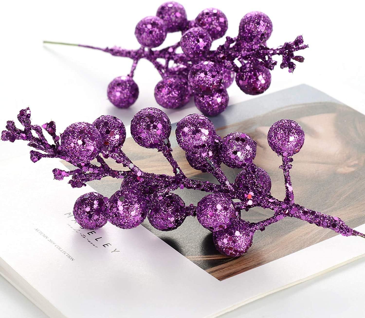 X-Mas Purple Glitter Berry Stems, 7.8" (Each)