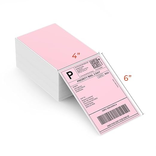 MUNBYN Pink 4x6 Inch Direct Thermal Labels, 500 Labels/Stacks, Fanfold Shipping Label Paper for Thermal Printers, Permanent Adhesive Mailing Postage Labels for Shipping Packages