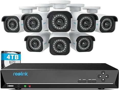 REOLINK 4K Security Camera System, RLK16-800B8 8pcs H.265 PoE Wired with Person Vehicle Detection, 8MP/4K 16CH NVR with 4TB HDD for 24-7 Recording