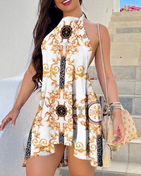 Baroque Print Backless Swing Dress