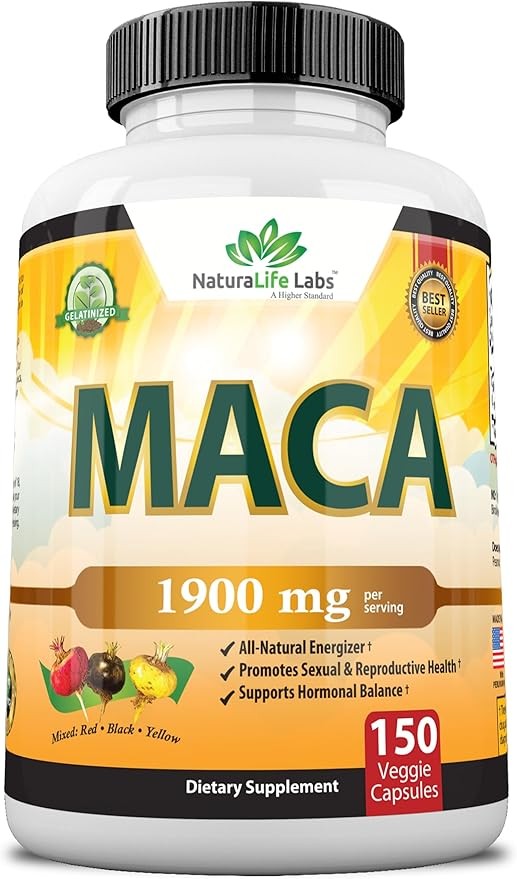 Organic Maca Root Black, Red, Yellow 1900 MG per Serving - 150 Vegan Capsules Peruvian Maca Root Gelatinized 100% Pure Non-GMO Supports Reproductive Health Natural Energizer