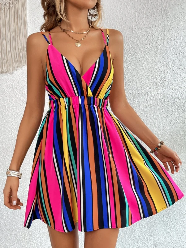 Rainbow Striped Print Crisscross Backless Cami Dress