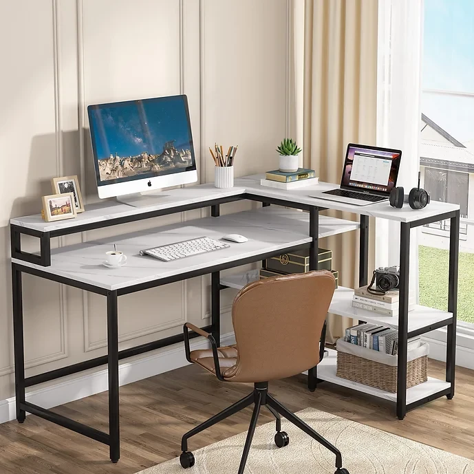 Tribesigns Reversible L Shaped Computer Desk with Storage Shelf, Modern 55'' White