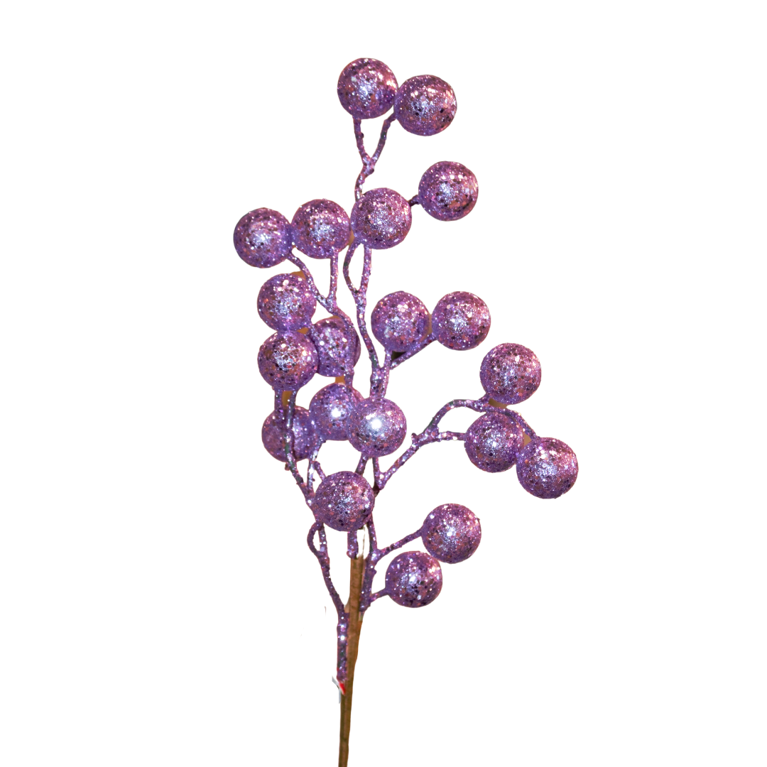 X-Mas Purple Glitter Berry Stems, 7.8" (Each)