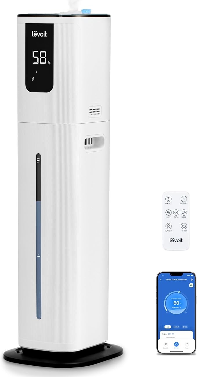 LEVOIT OasisMist 1000S (10L) Smart Humidifier for Home Large Room Bedroom, Last 100 Hours Suitable for Indoor Plant, Cover up to 600ft², Easy Top Fill, Remoter & Voice Control, Auto Mode, Quiet, White