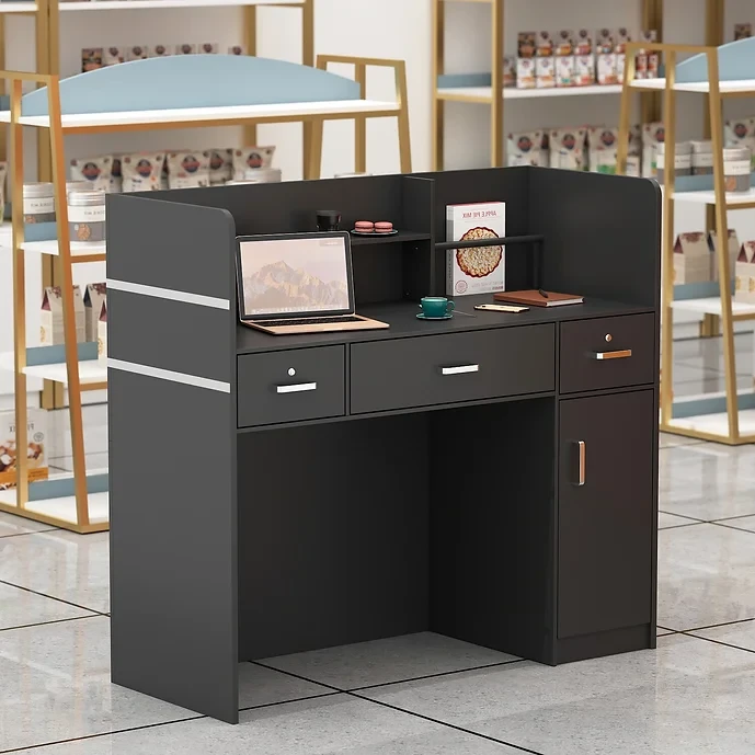 AGOTENI Reception Desk Reception Stations with Open Shelf & Drawers Black