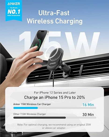 Anker MagGo 15W MagSafe Car Mount, Mobile Phone Holder Car with Charging Function, 360° Adjustable Angle and Strong Magnets, Wireless Car Charger for iPhone 16/15/14 Series (Includes Cable and